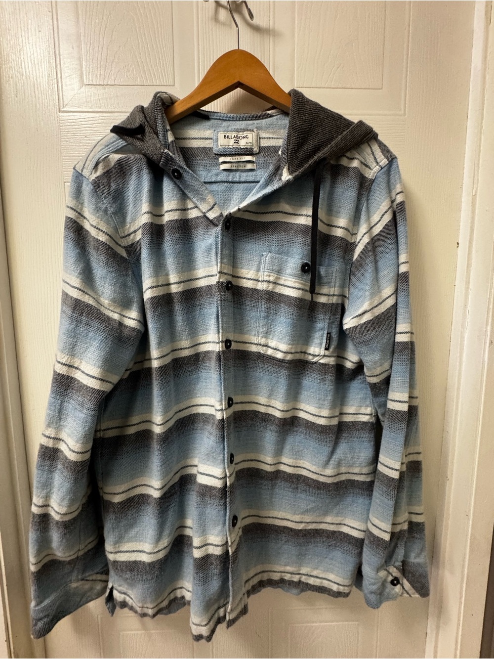Billabong Men's Blue and Gray Striped Hooded Shirt Jacket